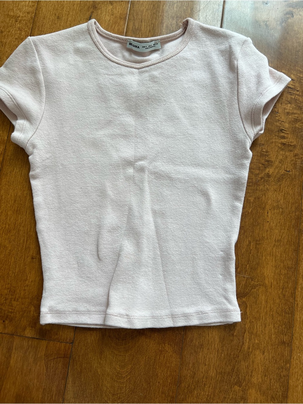 Bershka Pale Blush Ribbed Crew Neck Crop Tee